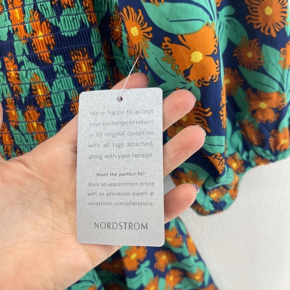 NWT NORDSTROM Melloday Smocked Dress Pocket Floral Navy Orange Puff Square Neck - Picture 8 of 16